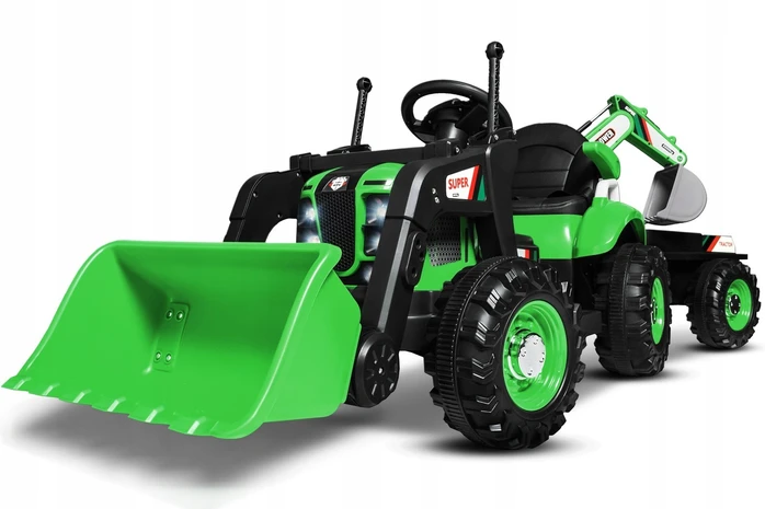 Duży Traktor 3w1 na akumulator z Koparką Łyżką i przyczepką pilot skóra