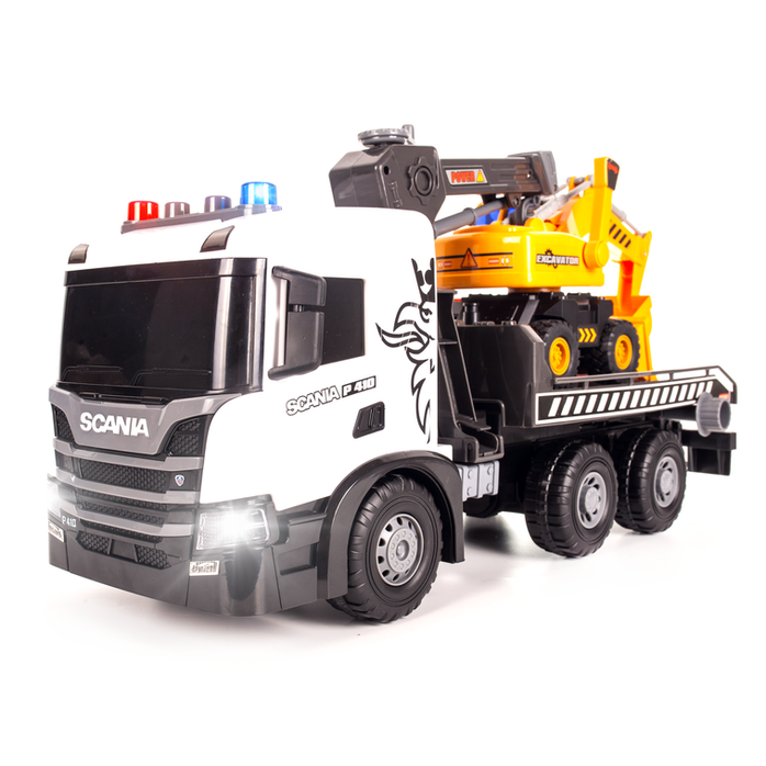 DUŻA SCANIA P 410 ciężarówka XXL TIR Laweta z Koparką światła Gigant 50cm