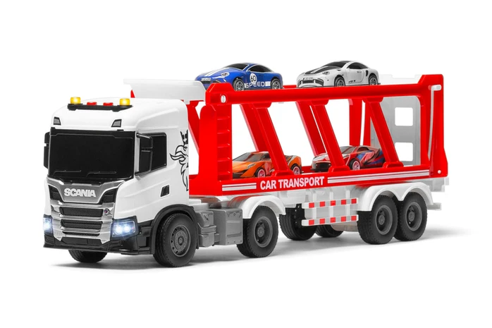 SCANIA P 410 ciężarówka LAWETA Z AUTAMI napęd frykcyjny światła dźwięki
